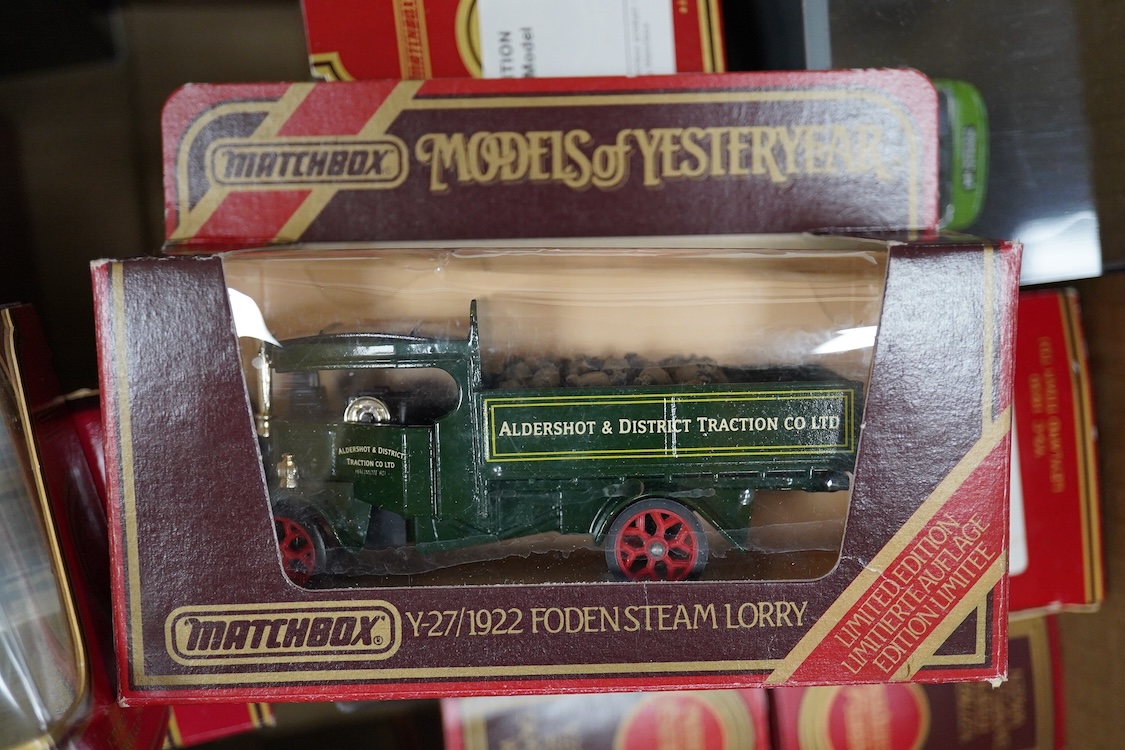 Sixty boxed diecast vehicles by Corgi Classics, Matchbox Models of Yesteryear, etc. including a large number of trams and other public transport vehicles, operators include; LCC, Plymouth, Blackpool, Belfast, Cardiff, et